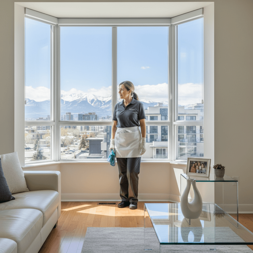 cleaner looking out window of neat calgary home interior