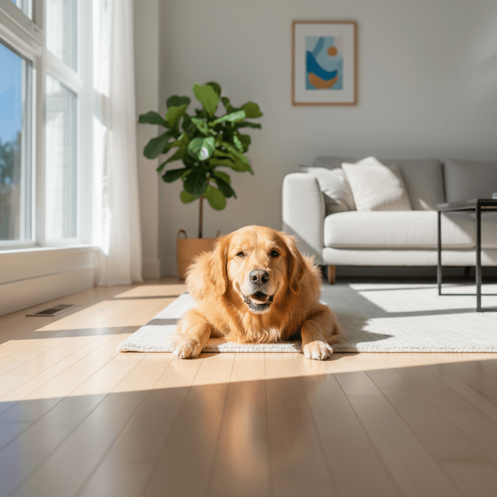 happy dog resting on clean floor in sunny living room
