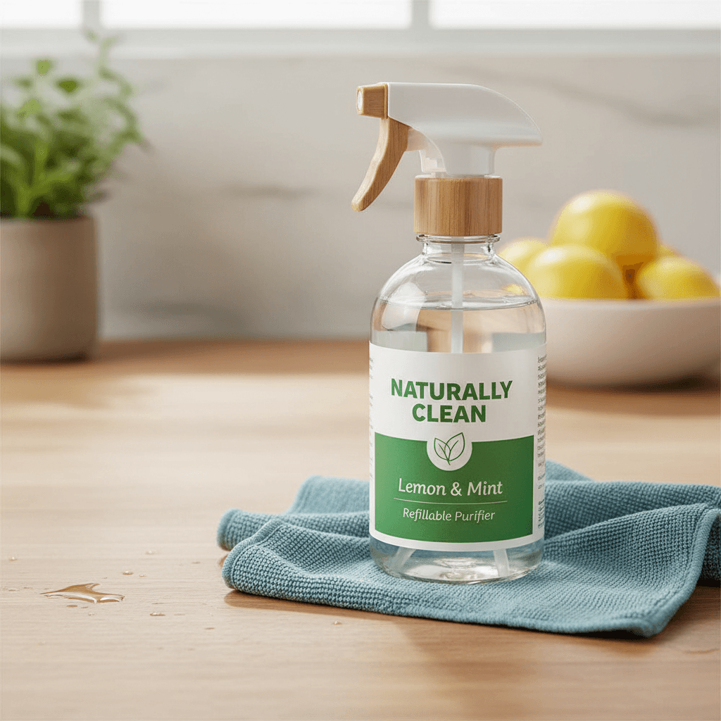 eco-friendly cleaning products spray bottle and cloth on kitchen counter