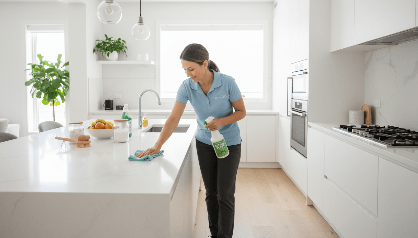 professional cleaner wiping kitchen counter with eco-friendly products in bright modern home