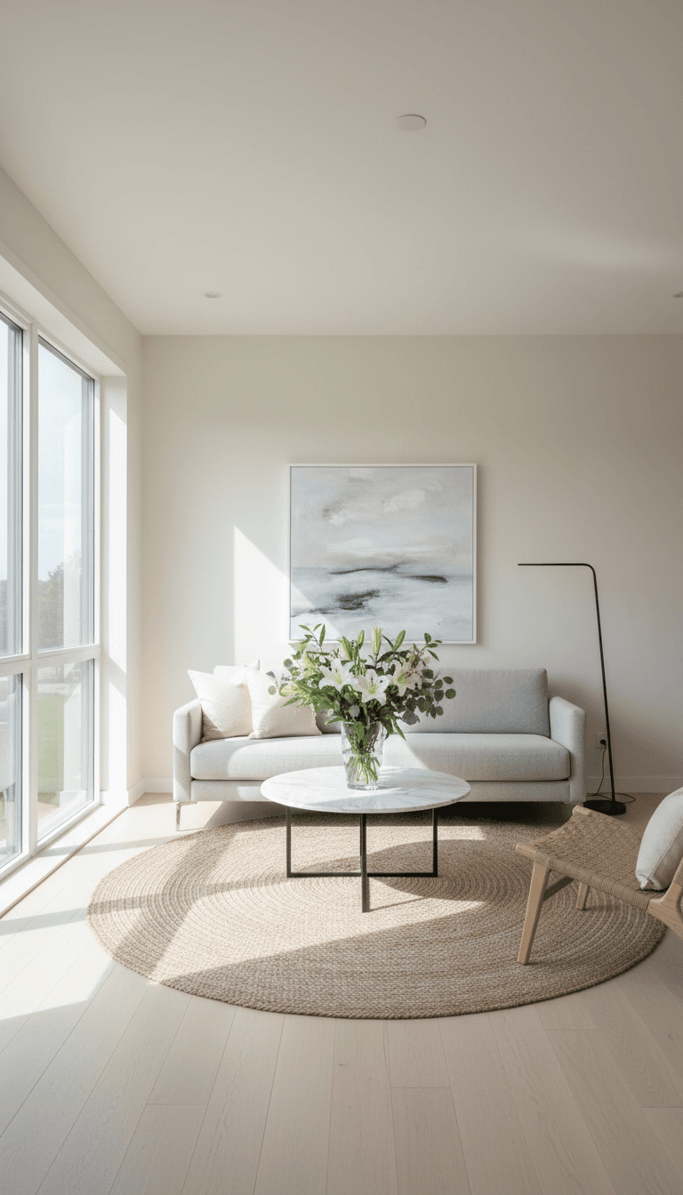 Bright, clean living room with modern decor and fresh flowers, illuminated by natural light