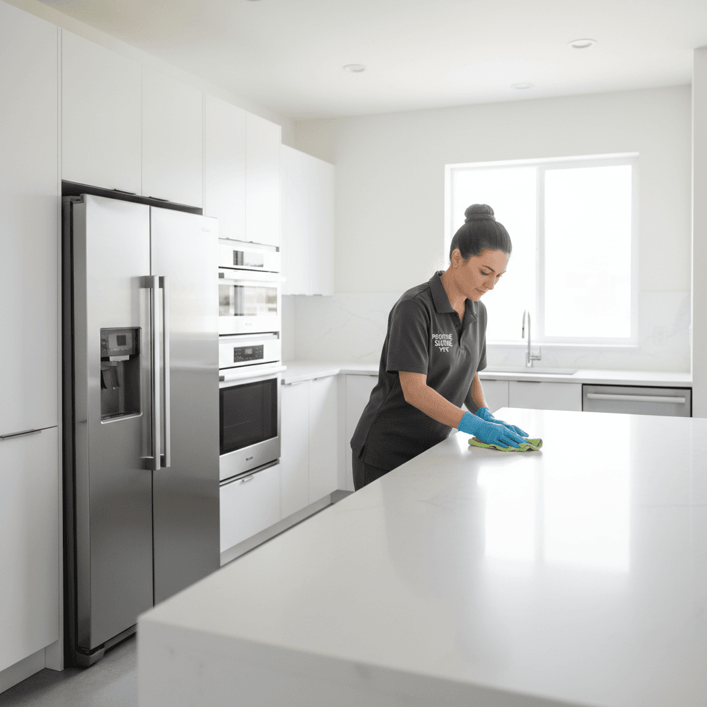 Cleaner in a modern kitchen wiping empty countertops during a move-out clean