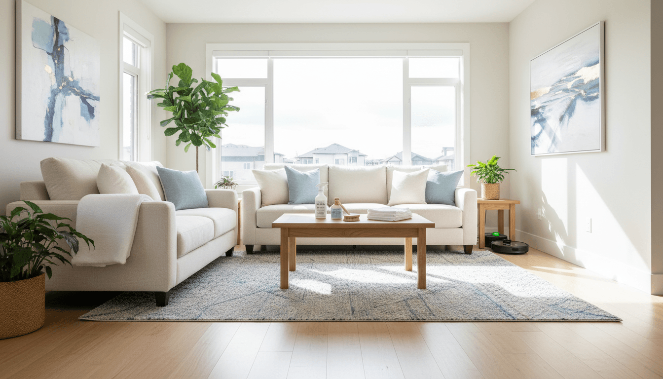 Clean bright living room with fresh linens and cleaning supplies