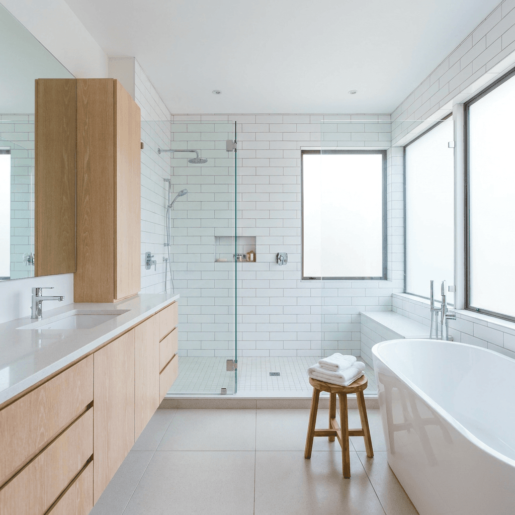 Shining bathroom with polished taps and streak-free mirror