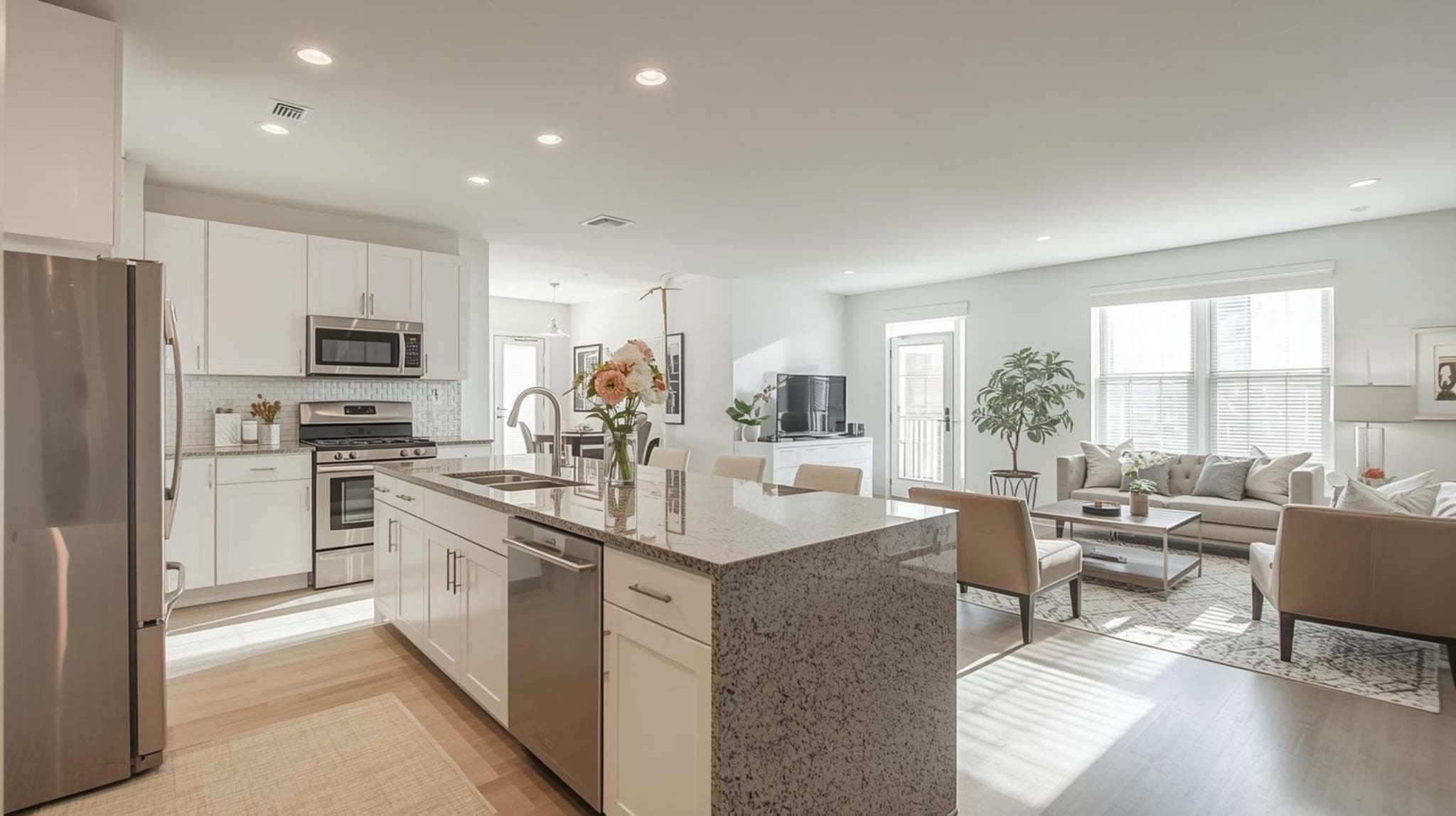 Modern open-concept kitchen with white cabinets and granite island overlooking a sunlit living room.